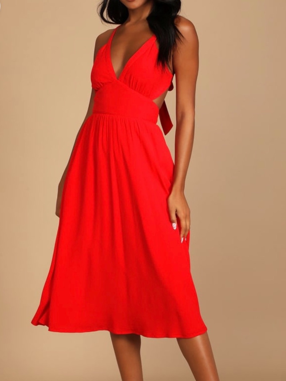 Red V-Neck Midi Dress